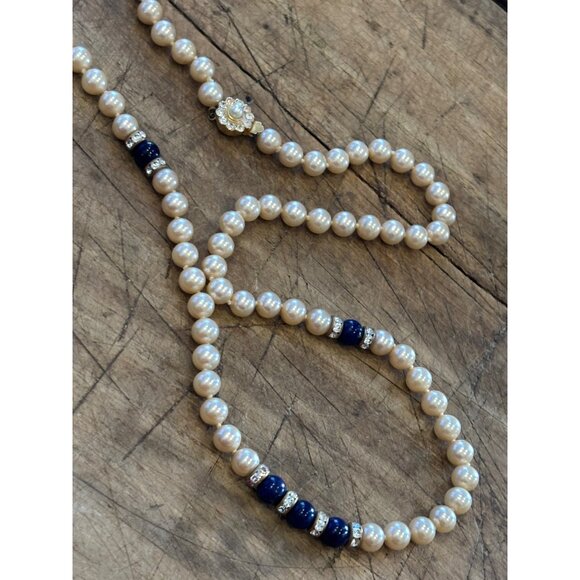 Vintage Pearl & Blue Beaded Necklace With Rhinestone Accents & Decorative Clasp - Picture 2 of 9